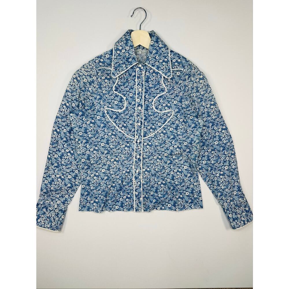 Vintage 1970’s Western Boho Floral Shirt Top Oversized Collar